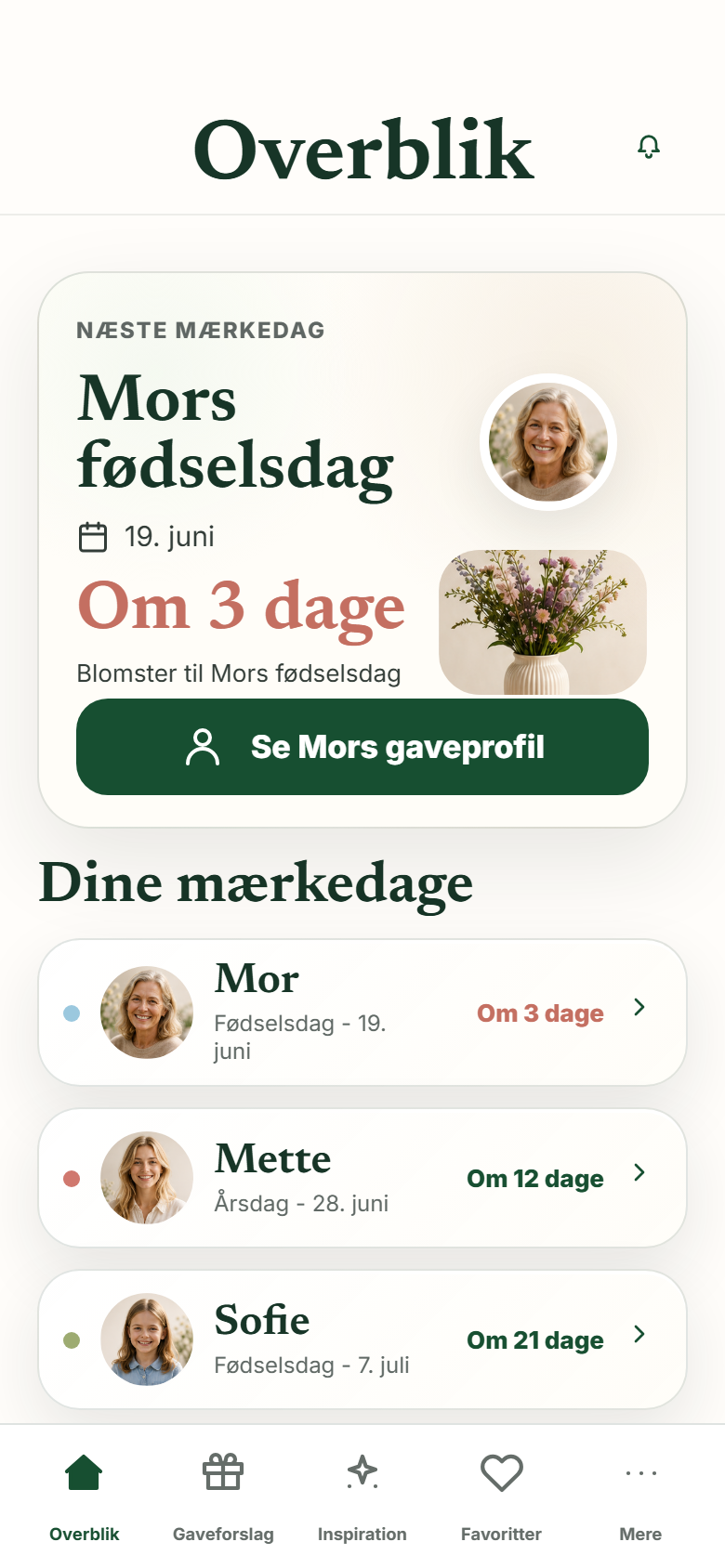 Mærkedagsradar overblik med Mors fødselsdag
